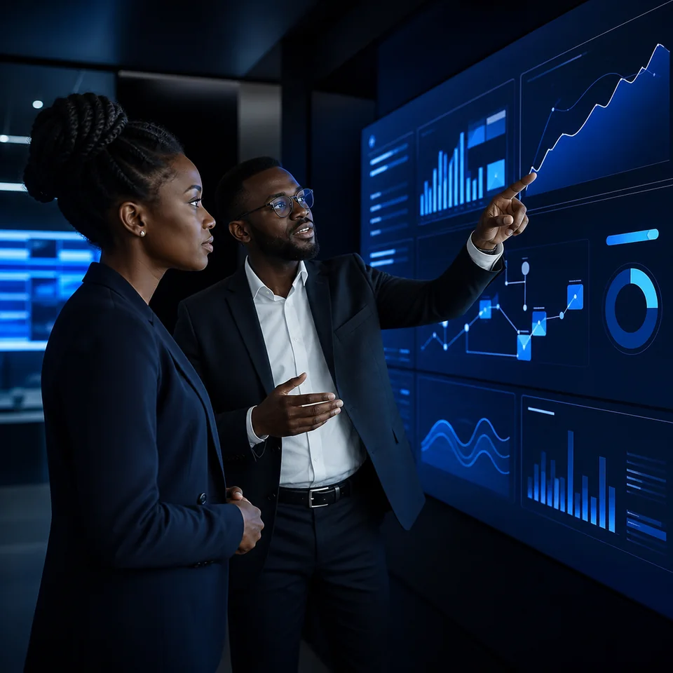 African digital strategist reviewing performance